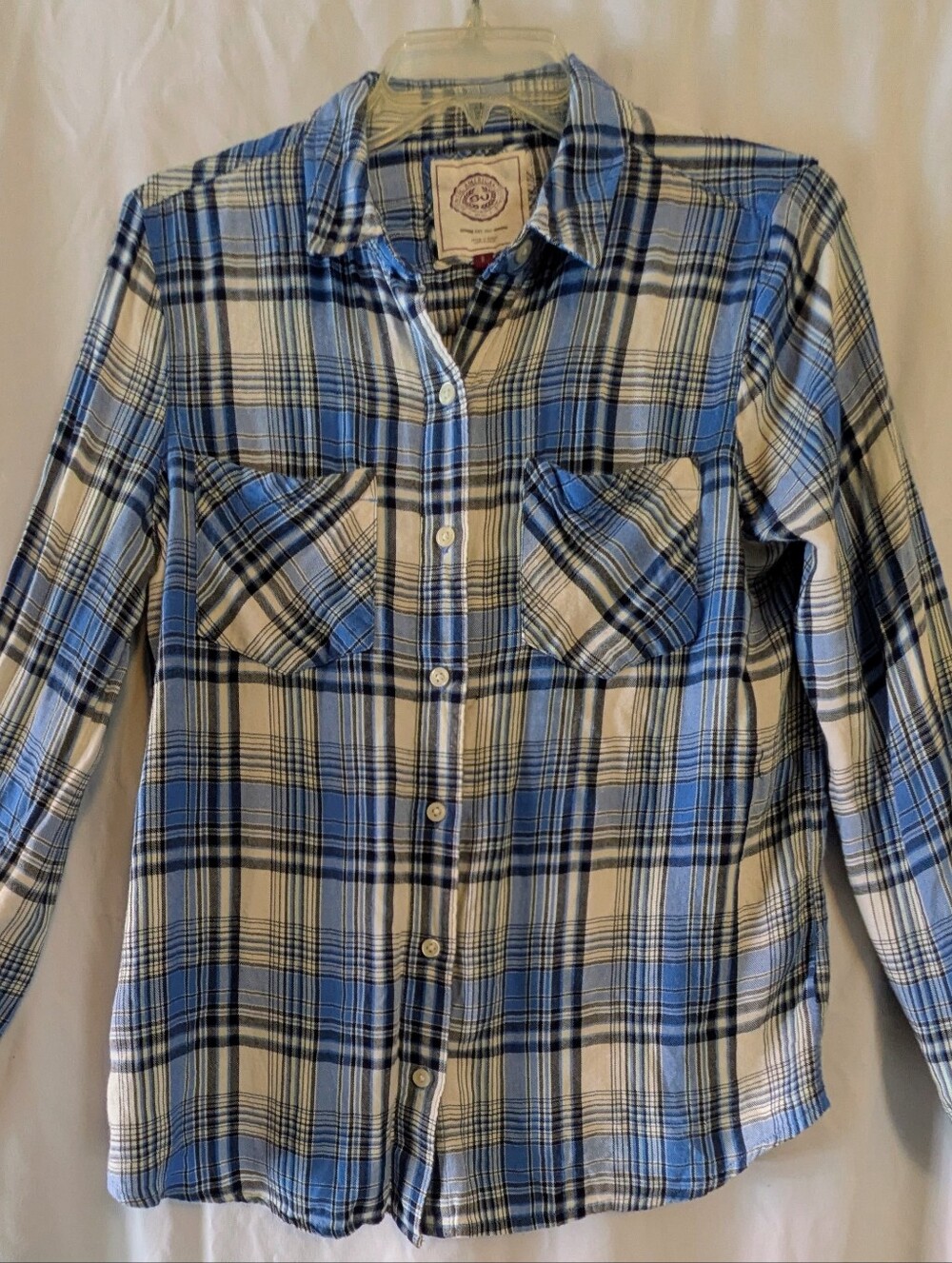 So Blue and White Plaid Flannel Button-Up Shirt Sz. L